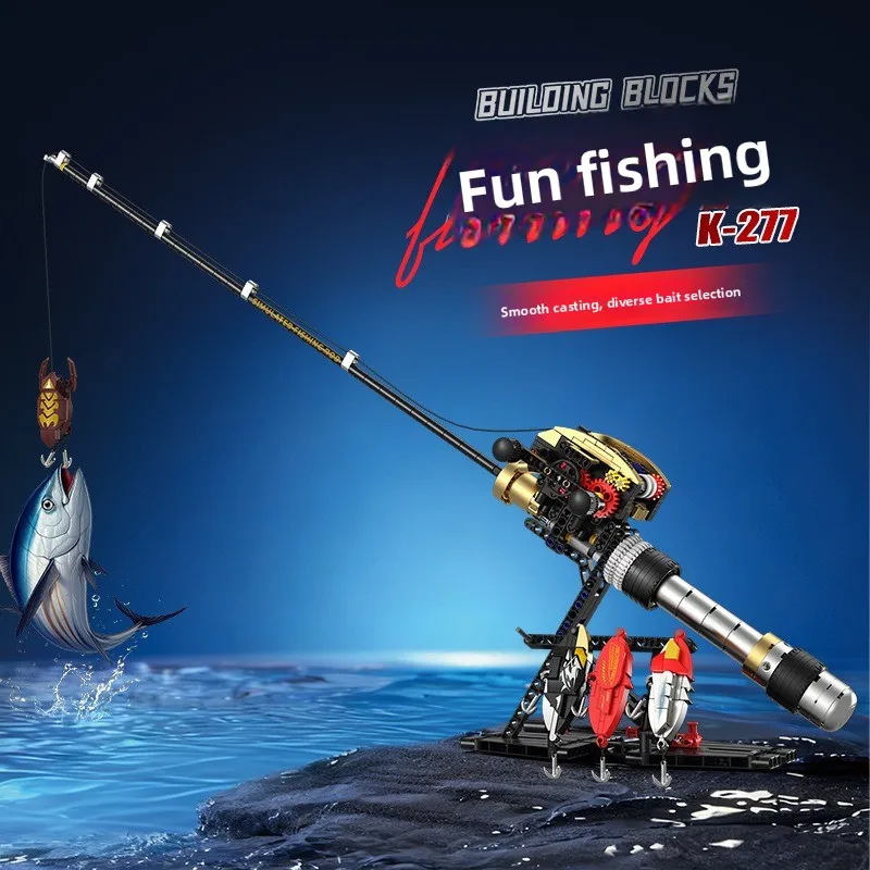 Water Droplet Wheel Fishing Rod Building Block Set with Display Rack Creative DIY Simulation of Sea Fishing Toy Ornament Model