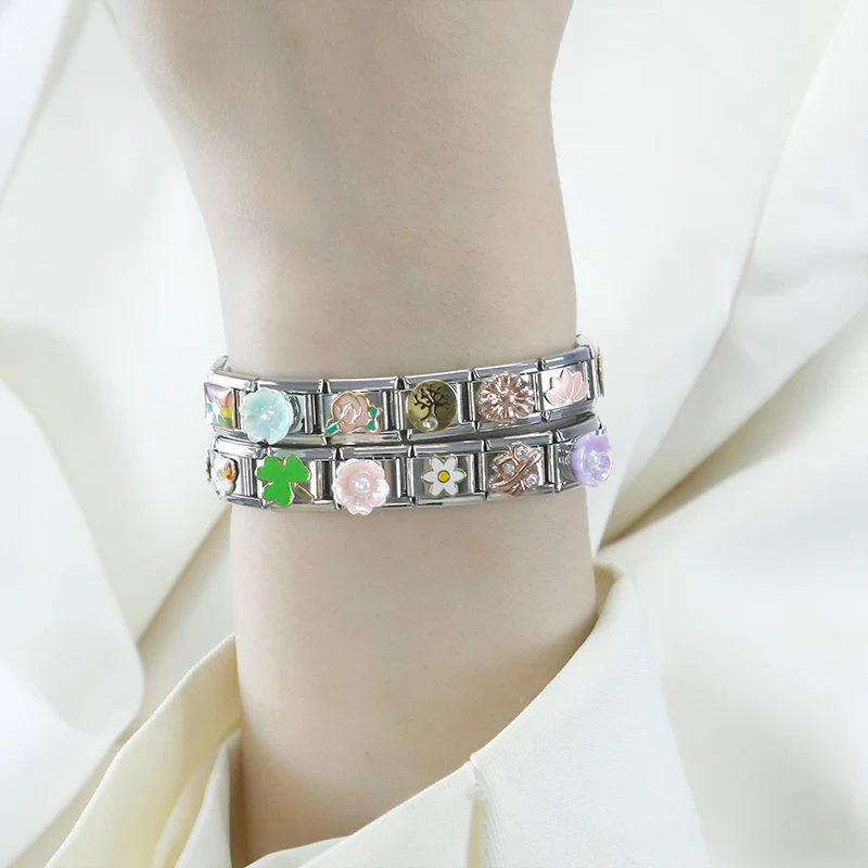 Hapiship New Fashion Women Girls Pretty Glaze Rose Flower Charm Links Fit 9mm Stainless Steel Bracelet DIY Making Jewelry DJ027 image 4