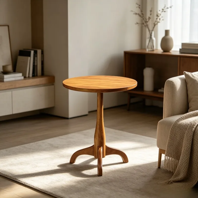 American Solid Wood Side Table, Vintage Round Accent Coffee Table, Small Sofa End Stand, Compact Occasional Telephone Desk