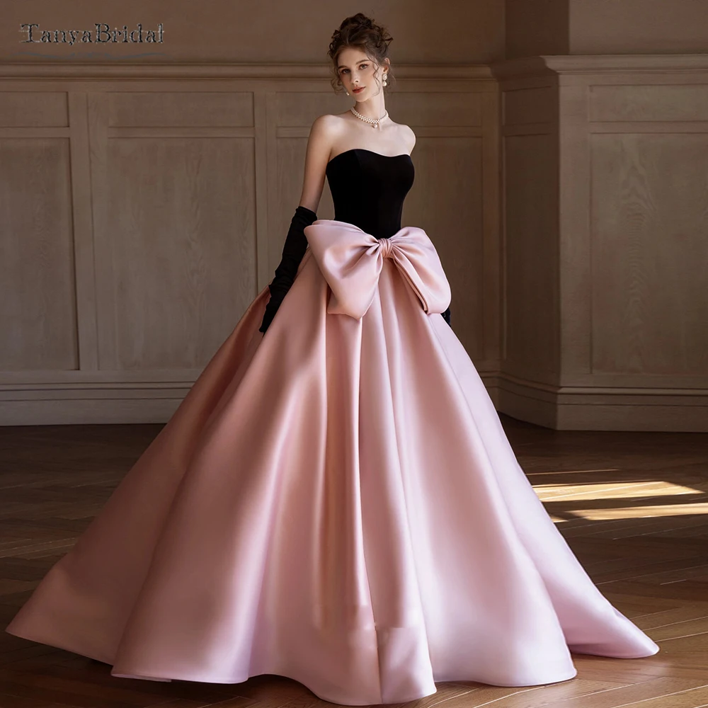 Black And Pink Satin Wedding Dresses ,Princess A Line Bridal Gowns With Big Bow On Front   DW882