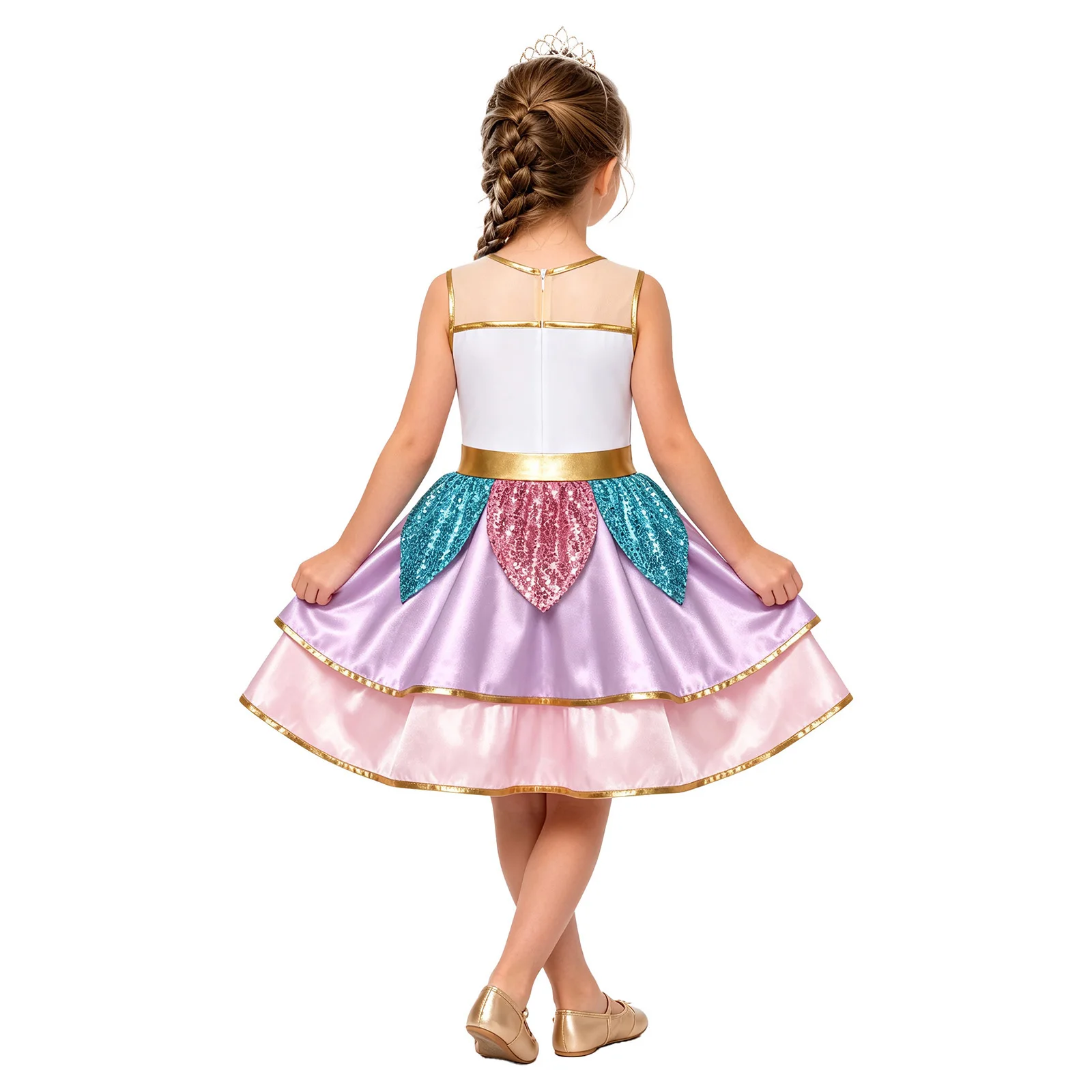 Kids Girls Halloween Characters Cosplay Costume Sleeveless Mesh Metallic Trim Color-blocked Sequin Peplum Satin Princess Dress