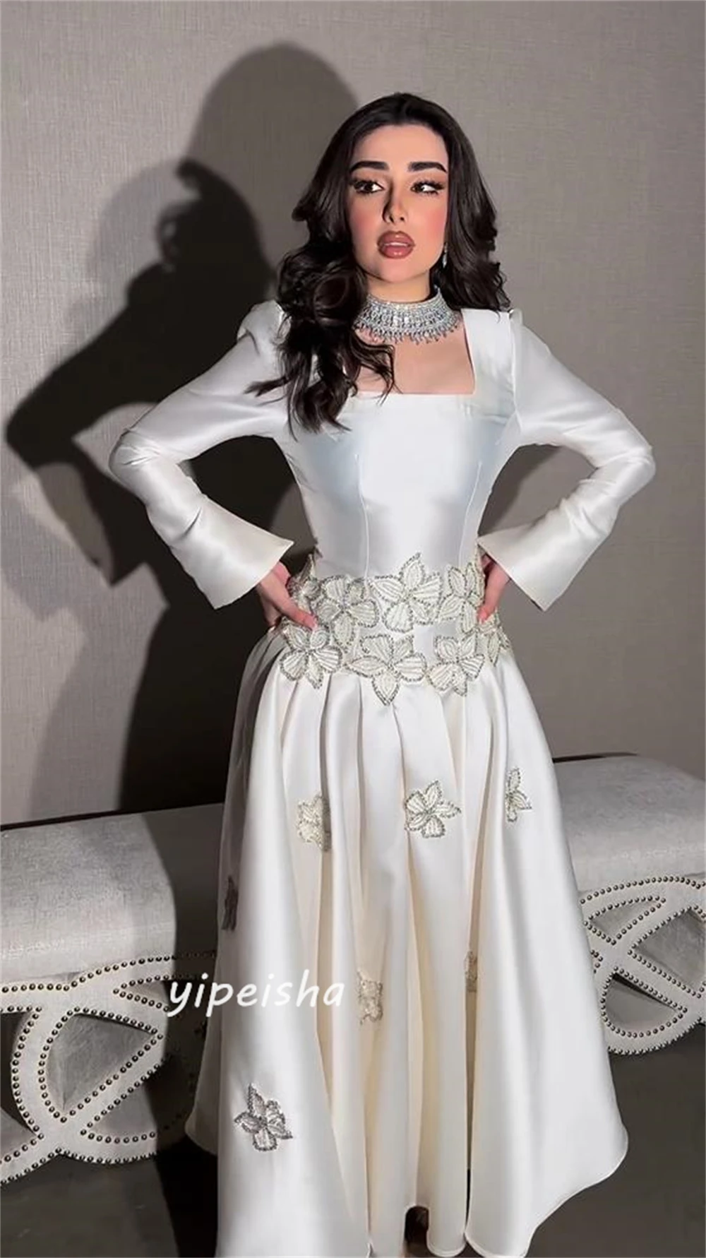 Customized Jiayigong s Applique Draped  A-line Square Collar Bespoke Occasion Gown Long Dresses