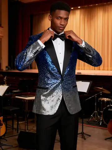 Herrtopp i ett stycke med paljetter, glittrande balkavaj med en knappsdesign, samt smoking och sportkläder 10 best sales paljettkavaj herr - №5