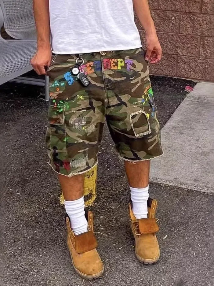 American High Street Camouflage Workwear Jeans Shorts Graffiti Letter Print mid Waist Straight Leg Five-Point Trendy Pants