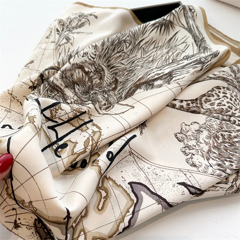 Spring Summer Luxury Design Women 90X90cm Square Silk Scarf Landscape Print Hijab Foulard Ribbon Wrap Hairband Headband Mom Gift