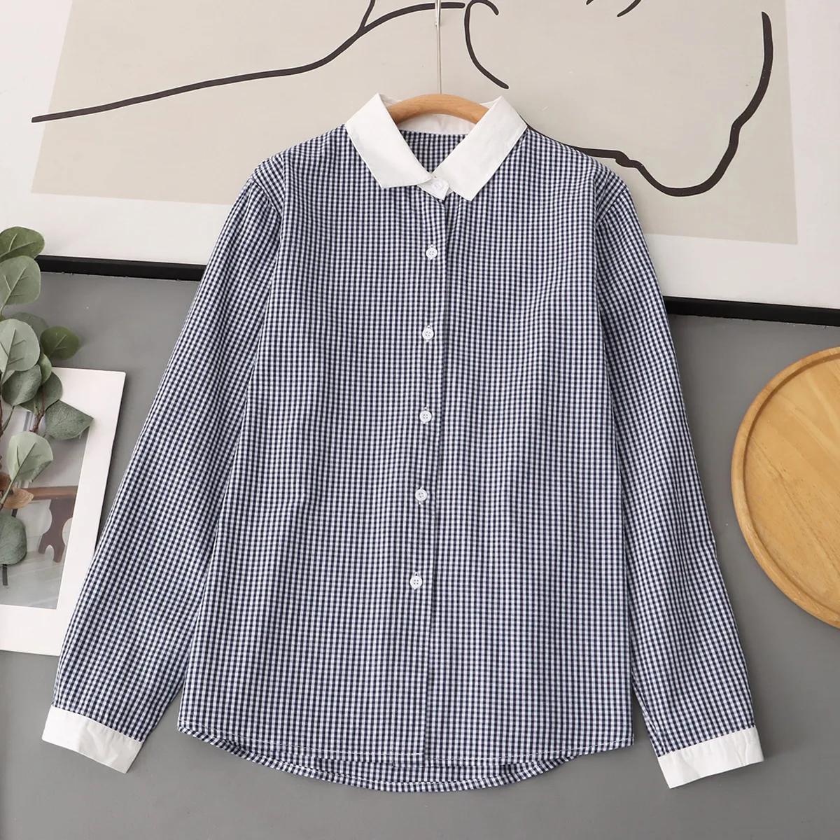 Women’s Classic Long Sleeve Check Shirts Plaid  Blouse Tops Art Style 100% Cotton White Collar Patchwork Office Work Shirts