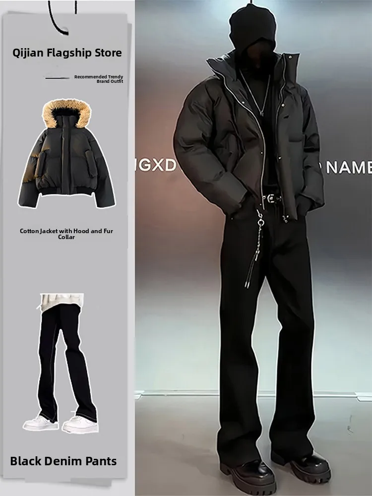 

Black Hooded down Jacket Thick Warm Short Men's Cotton Coat with Fur Collar Winter High-End Bread Clothes Cleanfit Style