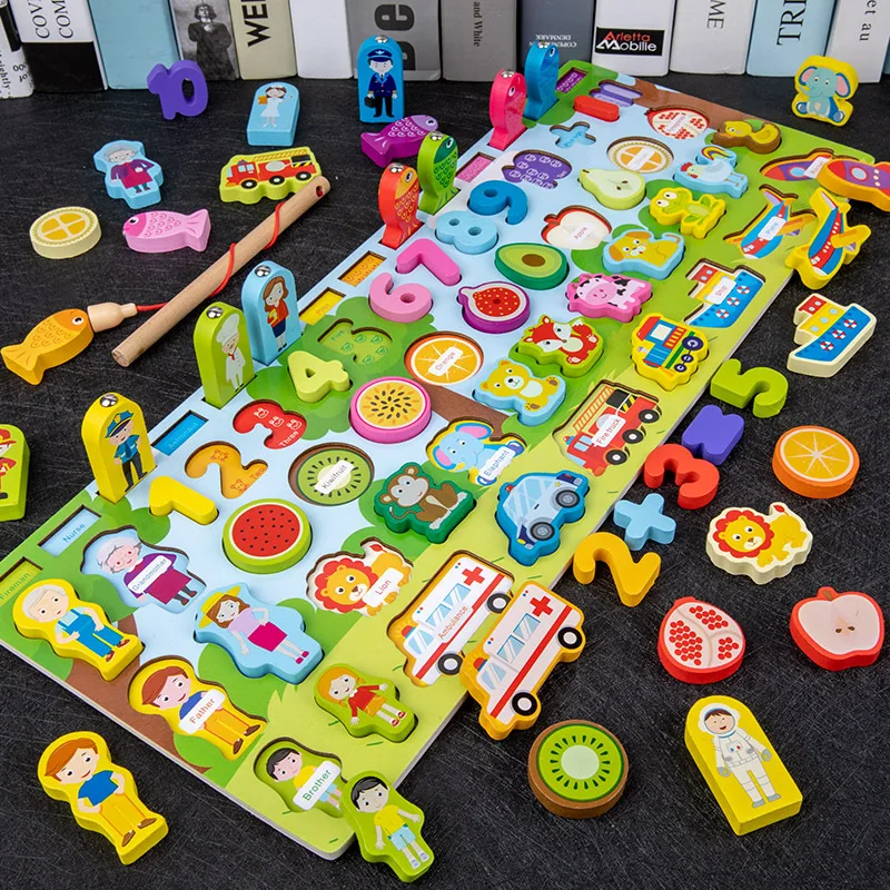 New Kids Animal Fruit Voertuig Beroep Multifunctioneel Houten Speelgoed Digit Match Board Vorm Cognitie Cartoon Match Vissen Speelgoed