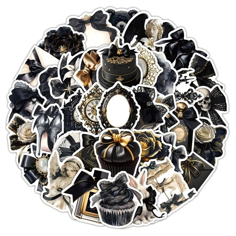

10/30/50PCS Black and Gold Ribbon Small Objects Graffiti Sticker Funny Cartoon Decal Laptop Phone Luggage Skateboard Kids Toys