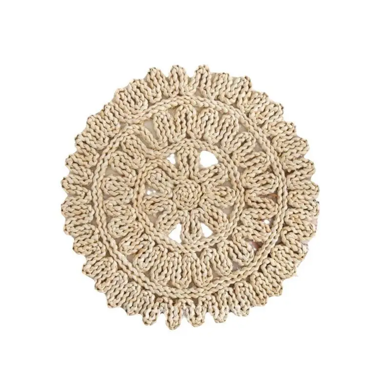 

Japanese Straight Hair Corn Husk Placemat Hand Woven Wall Decor Flower Patterned Natural Fiber round Shape Nordic Style
