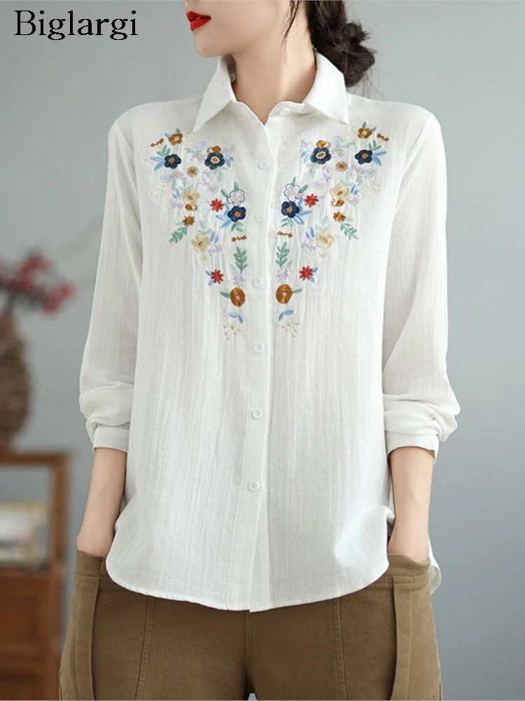 

Oversized Autumn Flower Floral Embroidery Shirts Women Fashion Cause Loose Ladies Blouses Long Sleeve Woman Shirt