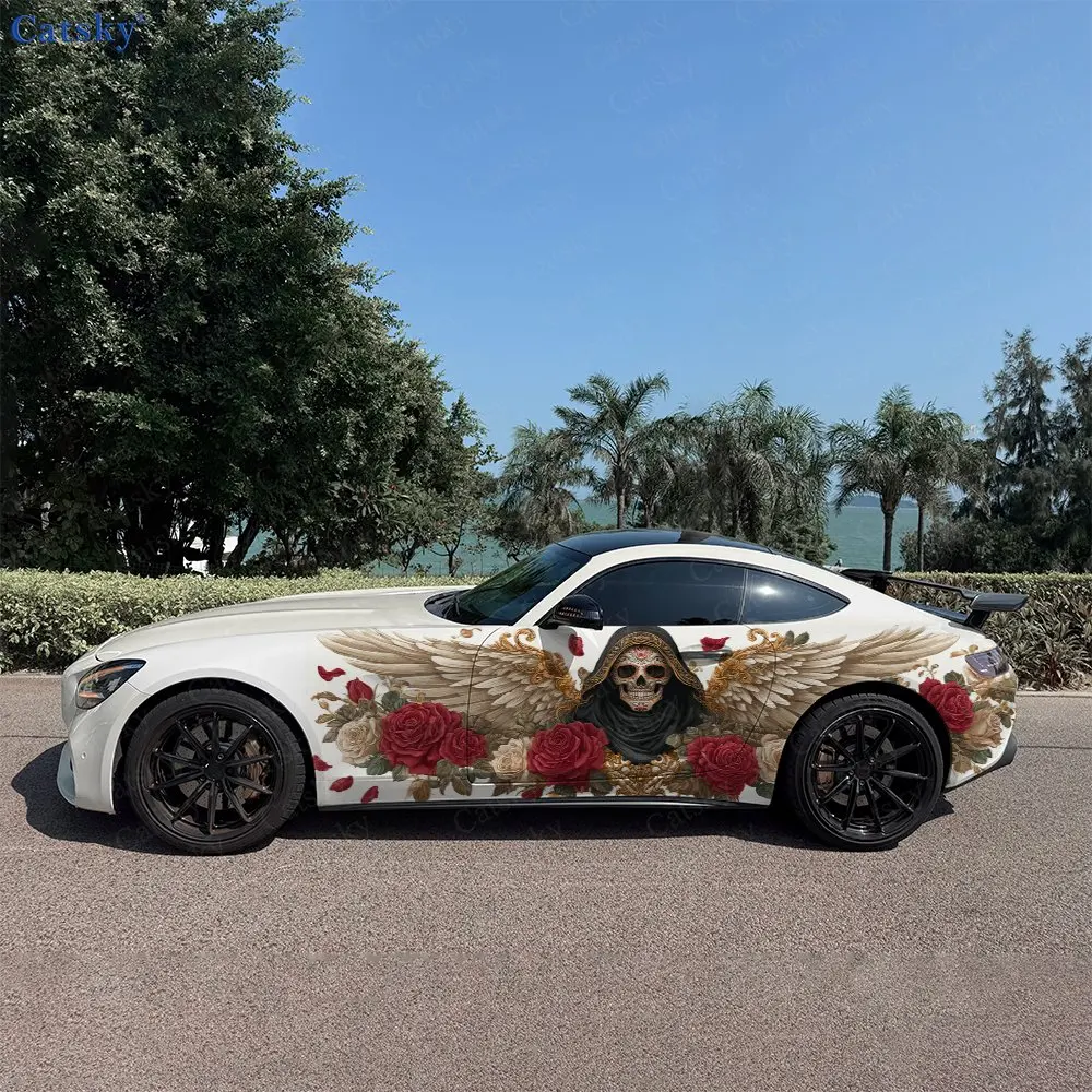 Spectral Wing Floral Skeleton Car Side Wraps, Self-Adhesive PVC Waterproof & Scratch-Resistant Stickers, Car Accessory Gift
