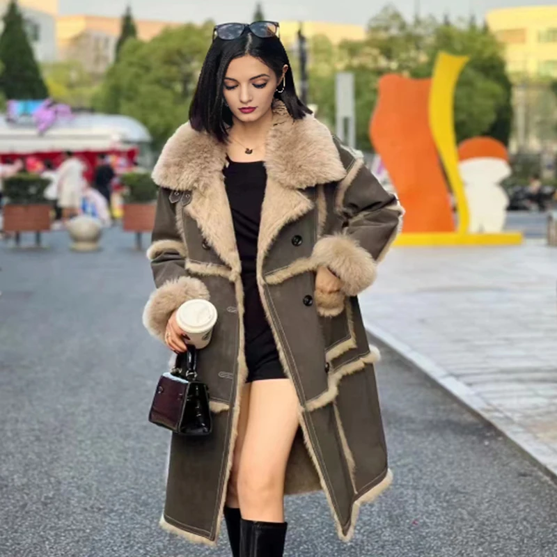 European Winter 2023 Women New Jacket Thick  Artificial Rabbit  Lining Fox Eco Fur Coat Luxury Warm Long Female Sheepskin Coat