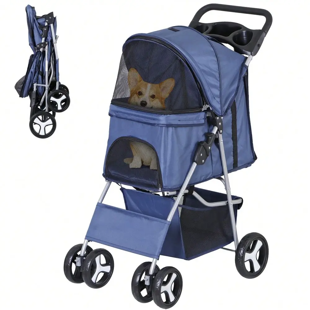 

Pet Stroller For Dogs And Cats, 3 4 WheelDesign With Storage Basket Cup Holder, Lightweight Travel Carrier For Small Medium Pet
