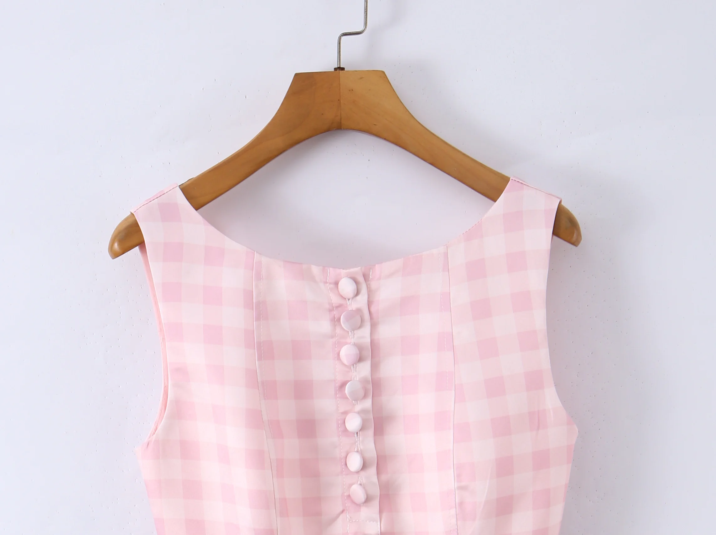 Sexy rosa vichy plaid vita bassa mini vestito dal carro armato donne bottoni aperti collo backless increspato orlo altalena abiti senza maniche abiti