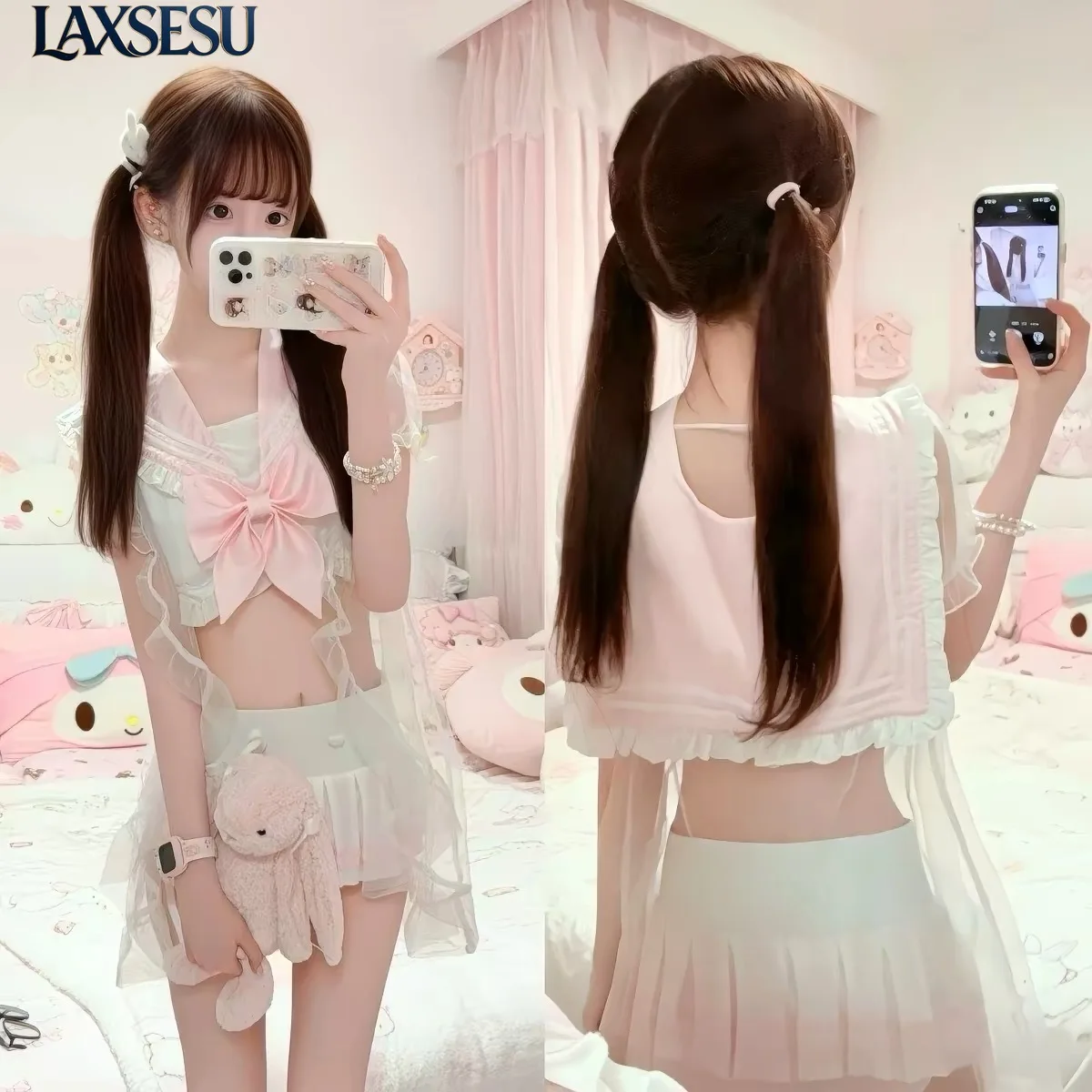 Bikinis Set for women Summer Swimwears Sweet and Cute lolita Style Girl Swimsuits Navy Collar Big Bow Pleated Split Swimsuit