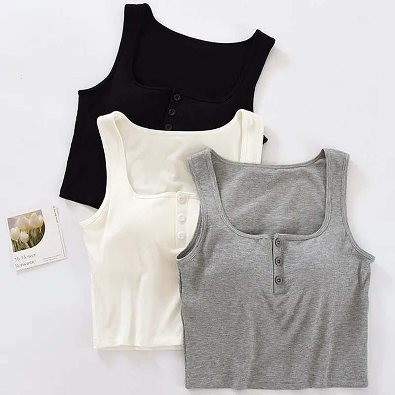 

Button Square Neck Vest Chest Pad Short Underwear Bottom Sleeveless Top Sexy Cotton Pajamas T-Shirt Summer Sleep Tops For Women