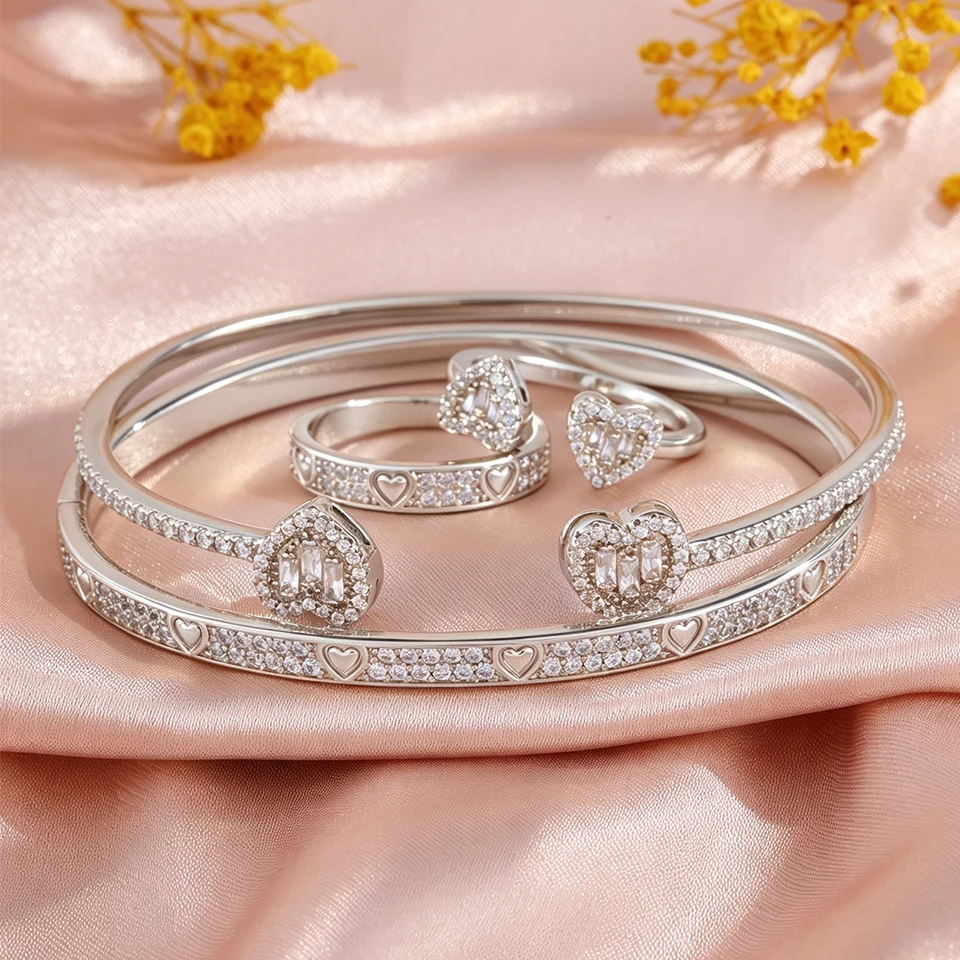 Yupsk 4-teiliges modisches Herz-Design-Armband-Ring-Set aus glänzendem Zirkon-Kupfer für Frauen, exquisiter, wunderschöner Schmuck für Hochzeiten und Partys – Detail 4