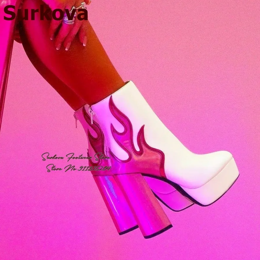 Surkova Neon Green Patent Leather Strange Chunky Heel Ankle Boots Black Matte Torch Shaped Patchwork Short Booties High Platform
