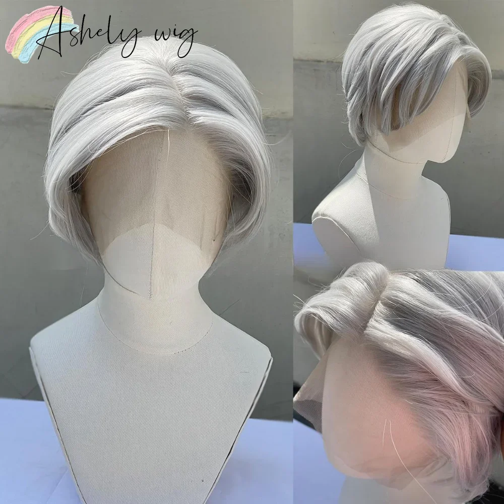 Sliver Wigs Gray Synthetic Lace Front Wig 13x4 6inch Short Straight Lace Front Wig for Daily Use High-temperature Fiber Cosplay