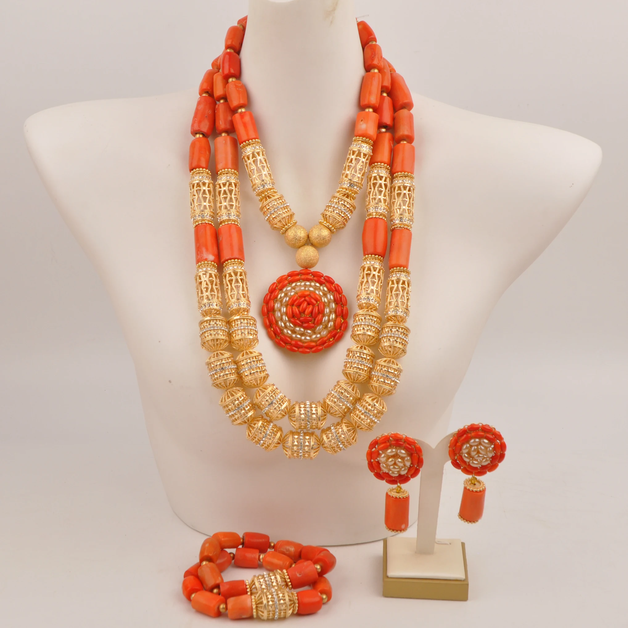 

Wedding jewelry Natural coral orange necklace African Nigeria wedding jewelry set