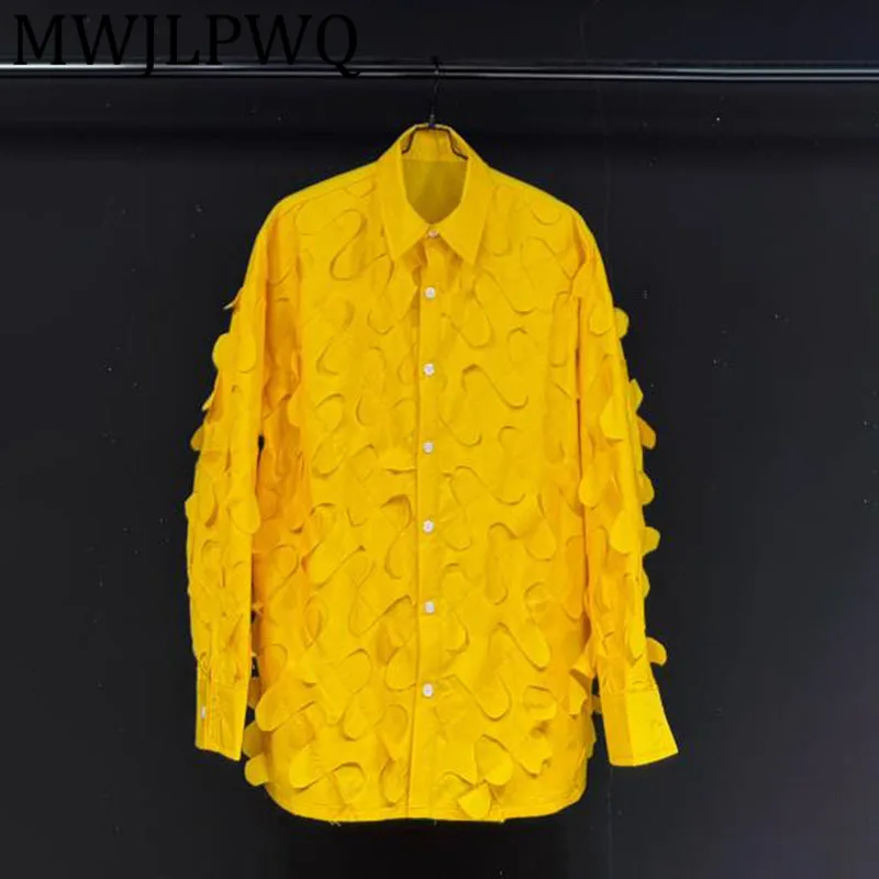

MWJLPWQ Elegant Frayed Yellow Short Shirt Men's Fake Two-Piece Design High Street Lapel Long Sleeve Trendy Casual Tops 12246