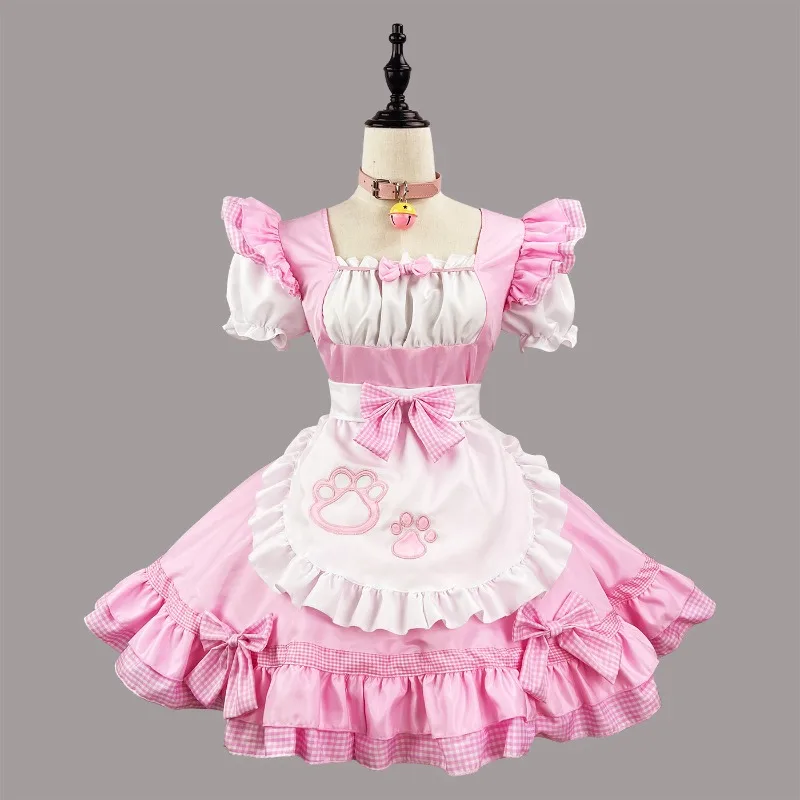 Women Maid Cosplay Costume Short Puff Sleeve Plaid Ruffle Dress with Cat Paw Printed Apron Bow Decor and Headpiece for Party view 5