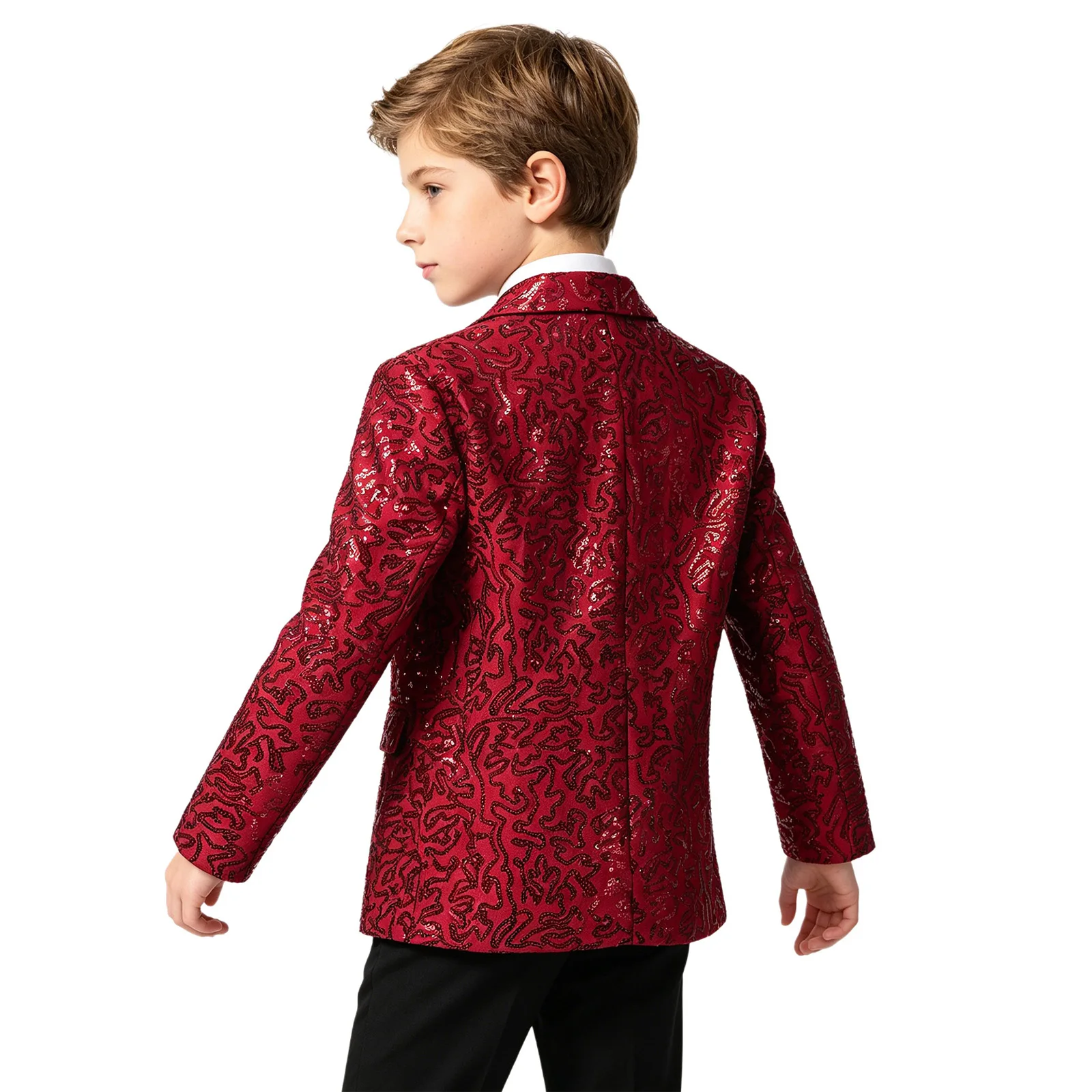 Kinder Jungen Jazz Dance Oberteile Performance Kostüm Glänzende Pailletten Glitzer Revers Einknopf-Anzugjacke Blazer Festival Smoking Jacke – Detail 12