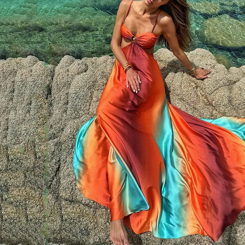 Ellafads damska sukienka maxi letnia elegancka bez rękawów Halter kolorowe szwy krawat Backless Slim plażowe sukienki wakacyjne Streetwear