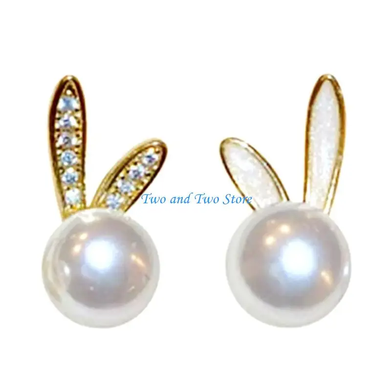 

HX6F Stylish Spring Rabbit Earrings Pearls Accented Ear Studs Jewelry Women Accessory