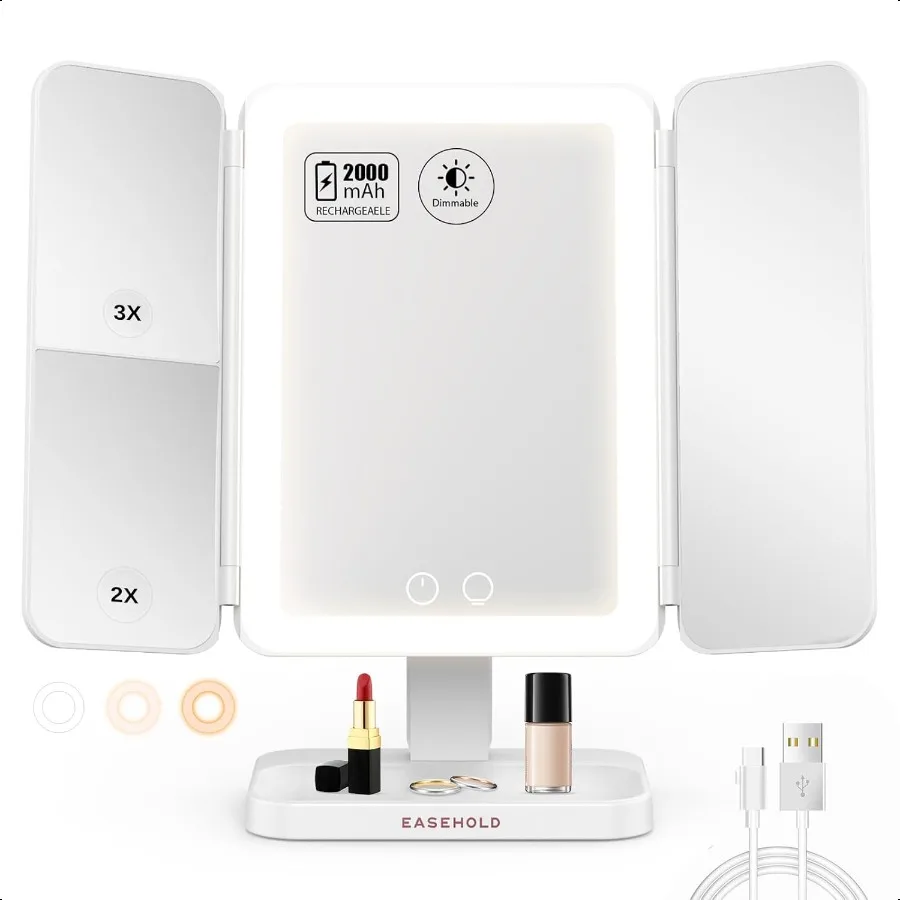 

EASEHOLD Lighted Makeup Mirror with 3X Magnification 3 Color Lights Touch Sensor Rechargeable Trifold Vanity Mirror for Travel