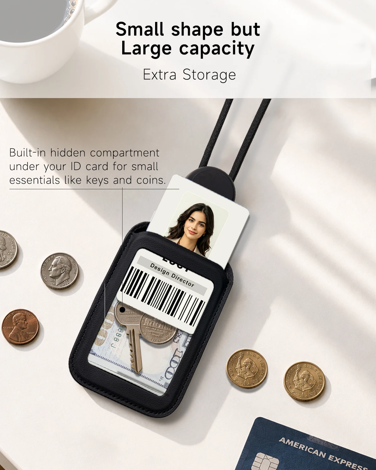 CASEKEY Adjustable Horizontal Vertical Yoyo Cow Leather ID Card Badge Holder with Long Neck Strap for Employee Doctor Nurse