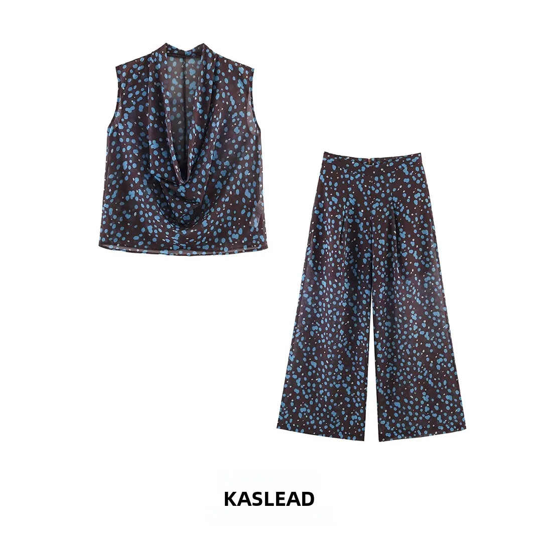 

KASLEAD Новый модный комплект из двух предметов: топ с воротником-халтер и широкие брюки в горошек. Женская весенняя коллекция. Элегантный минимализм.