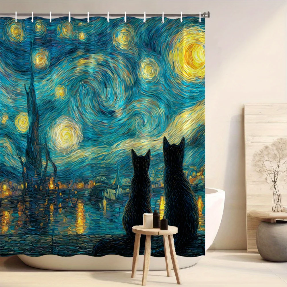 Artistic Van Gogh Starry Night Shower Curtain Waterproof Bathroom Decor Masterpiece Art Print Home Shower Curtain Linen Bath Dec