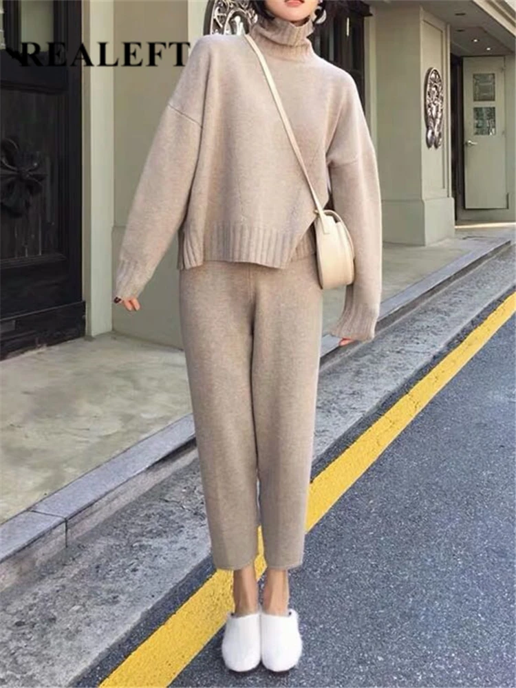 REALEFT Autumn Winter 2 Pieces Women Sets Knitted Tracksuit Turtleneck Sweater+Casual Haren Pants Pullover Female Suits 2024 New