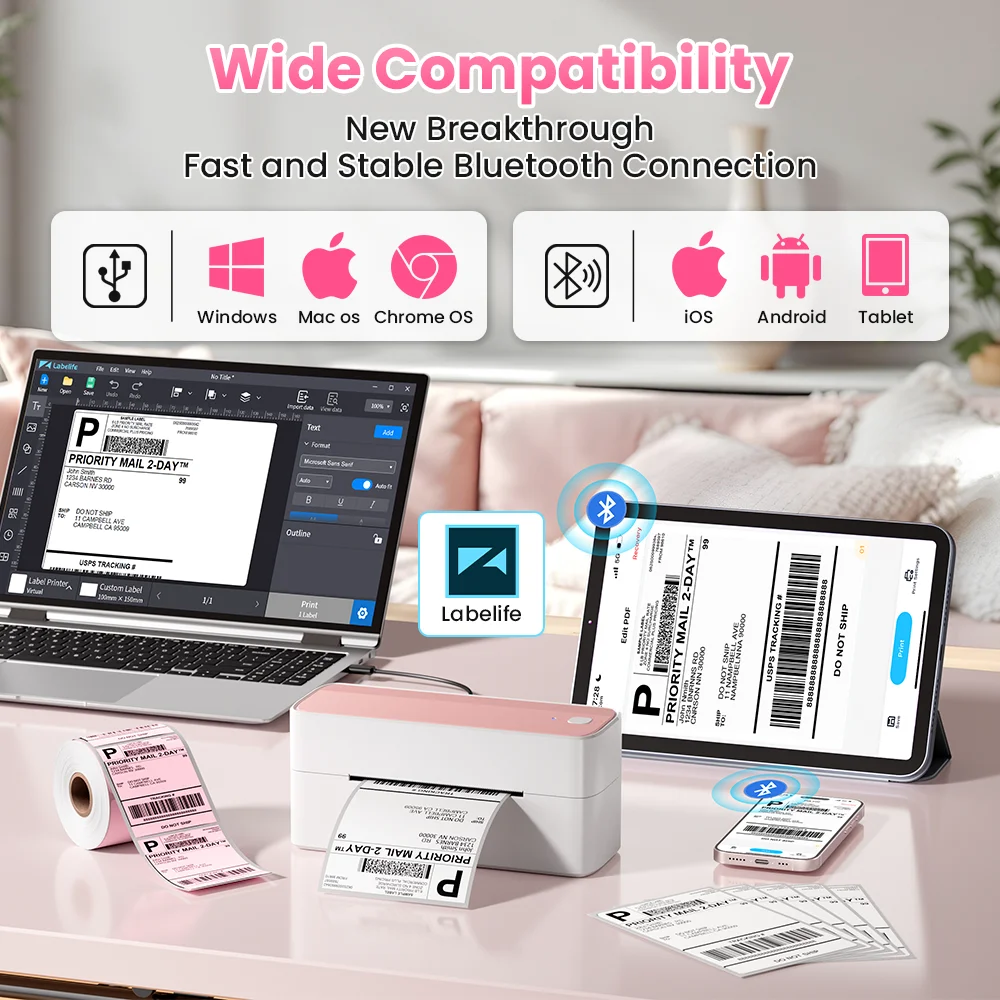 PM-241 118mm Bluetooth Thermal Label Printer Wireless Shipping Label Printer Compatible with iPhone Android Windows Widely Used