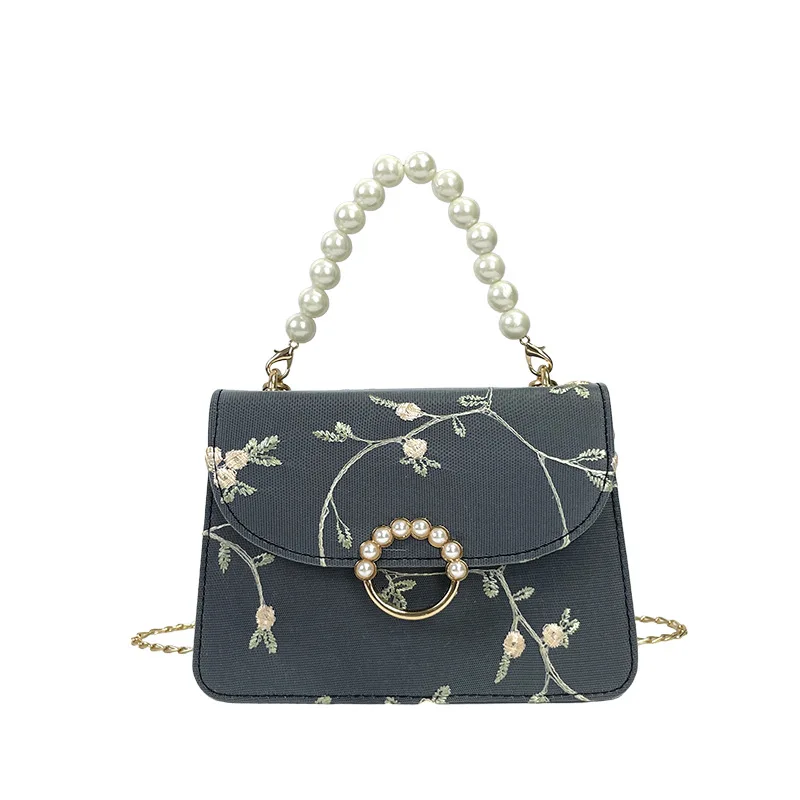 PU Flower Embroidery Shoulder Bags Messenger Vintage Pearl Chain Handbags Female Fashion Flap Crossbody Bags