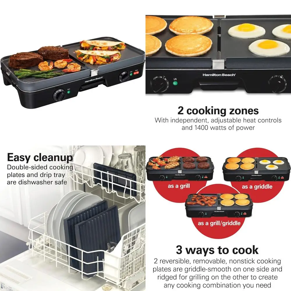 

Hamilton Beach 3-Way Electric Indoor Grill and Griddle with 8 Servings, Reversible Nonstick Surfaces, Dual Adjustable Temperatur