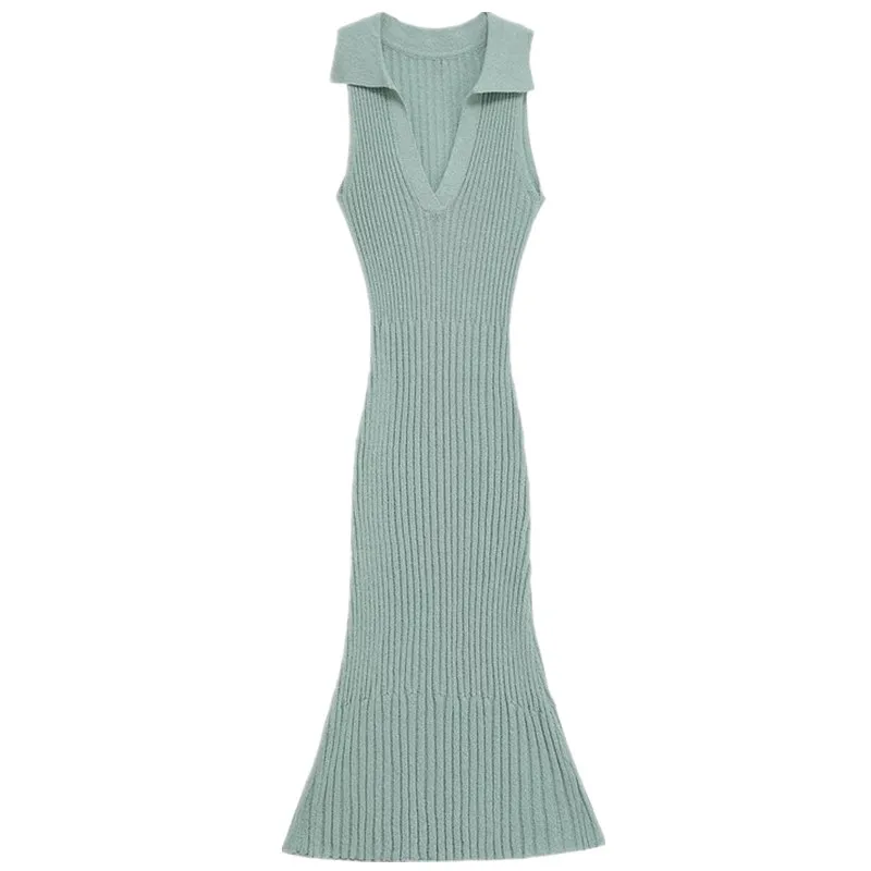 Vestido Largo de Punto con Ribete para Mujer, Verano 2025, Cuello en V, Sin Mangas, Estilo Casual, Nuevo Modelo de Verano, Ve...