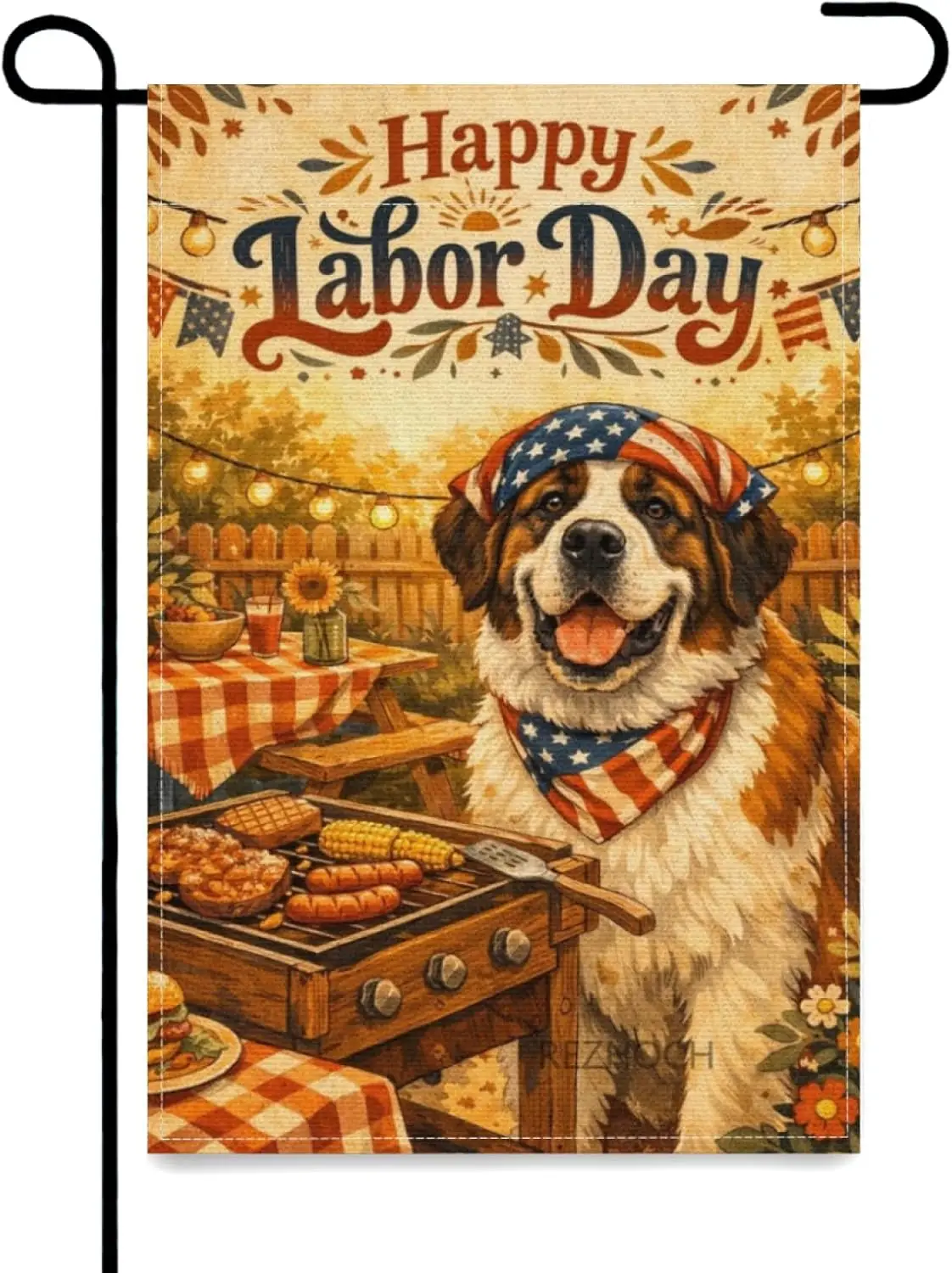 Bohemian Garden Flag 12x18 Inch,Boho Fun Saint Bernard Dog BBQ Party Happy Labor Day Cute Animal Yard Decor,Rustic Double Si AAS