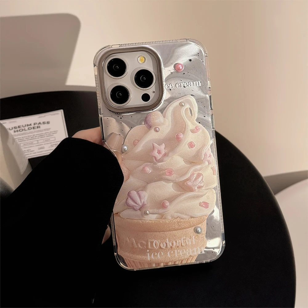 Luxury Silver Taro Flavored Ice Cream Pearl Phone Case for iPhone 15 14 13 12 Pro Max Plus Metal Lens Frame Bumper Cover