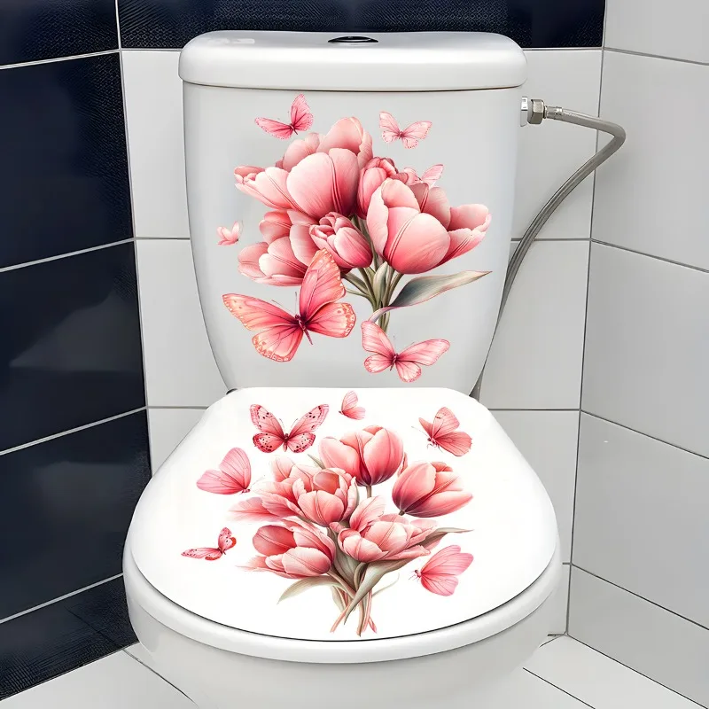 Pink Flowers Toilet Sticker Bathroom Toilet Cover Sticker Wall Stickers Wc for Home Decoration 30x30cm 2 Sheets