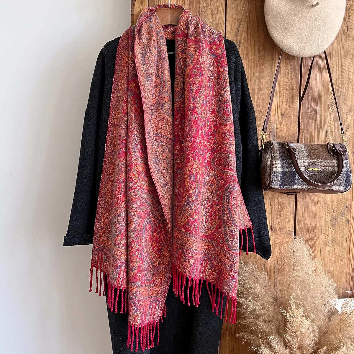 

Brand Fashion Women's Cashmere Winter Shawl - Vintage Oil Painting Floral Printed Tasseled Pashmina Thick Wrap & Echarpe Poncho