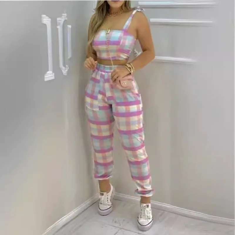 New Women's Fashion Digital Print Plaid Sleeveless Tanks Tube Top High Waist Pants Trousers Suit Summer