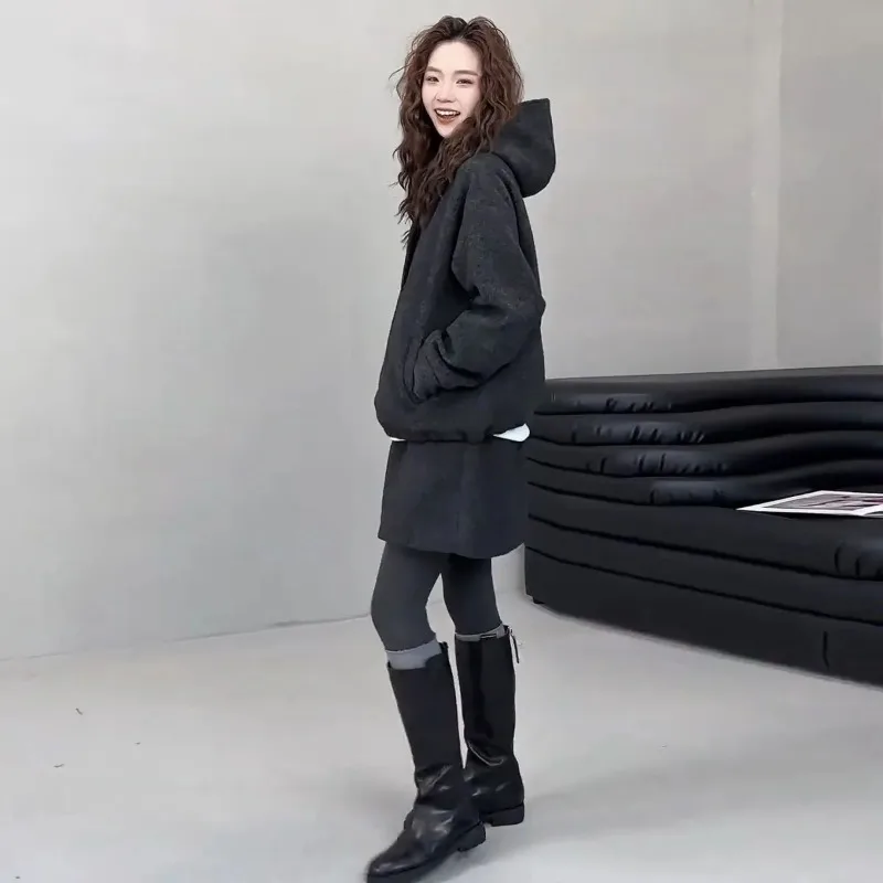 Women Korean Style Winter Wool Blend Two Piece Set Oversized Hoodie Sweatshirt Casual Mini Skirt Fashion Petite Outfit view 4