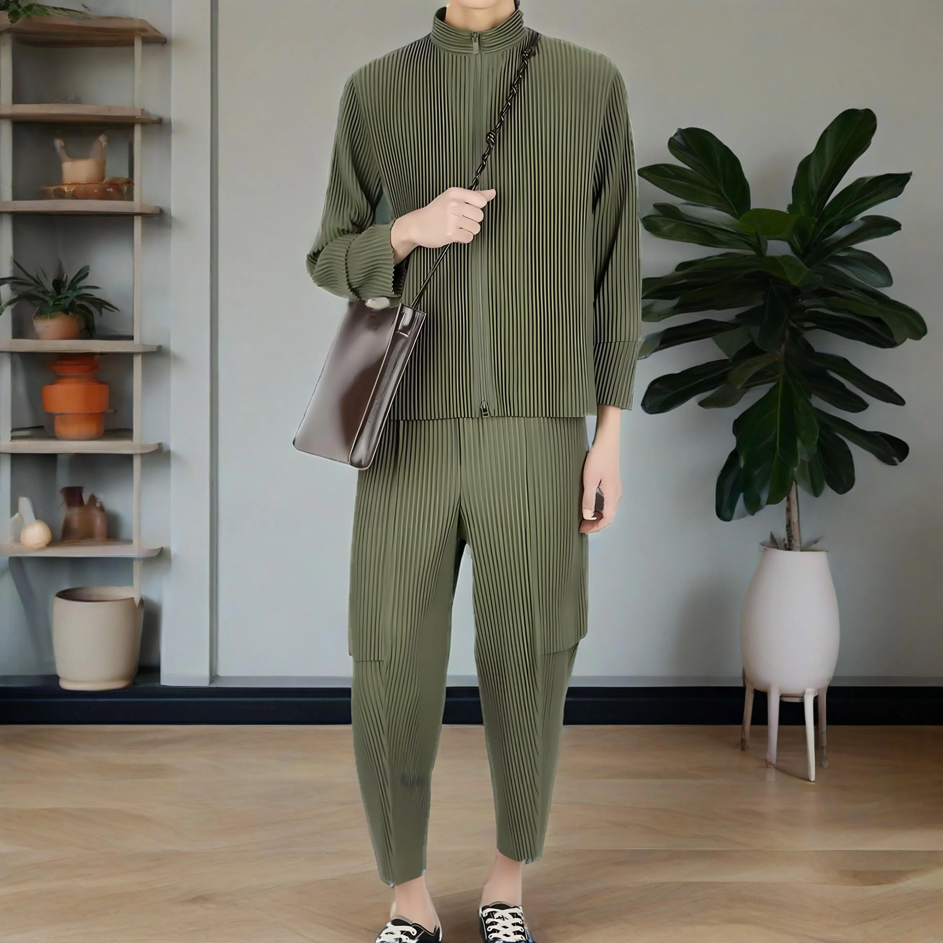 Miyake Spring and Autumn Folded Men's Top Plisse Fashion Casual Tooling Jacket Pleated Zipper Loose Long Sleeve Pleat Jacket