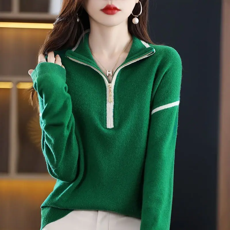 Streetwear moda zíper mock neck malha camisolas primavera outono roupas femininas all-match manga longa solto pullovers casuais