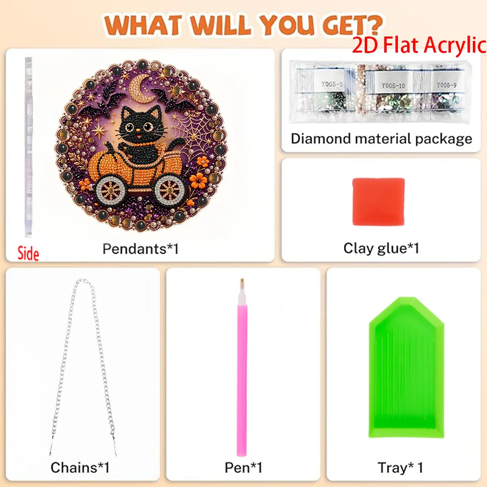 2D flat diamond painting kit Halloween pattern acrylic pendant, 3D mixed size pearl crafts, holiday window and wall decorations,