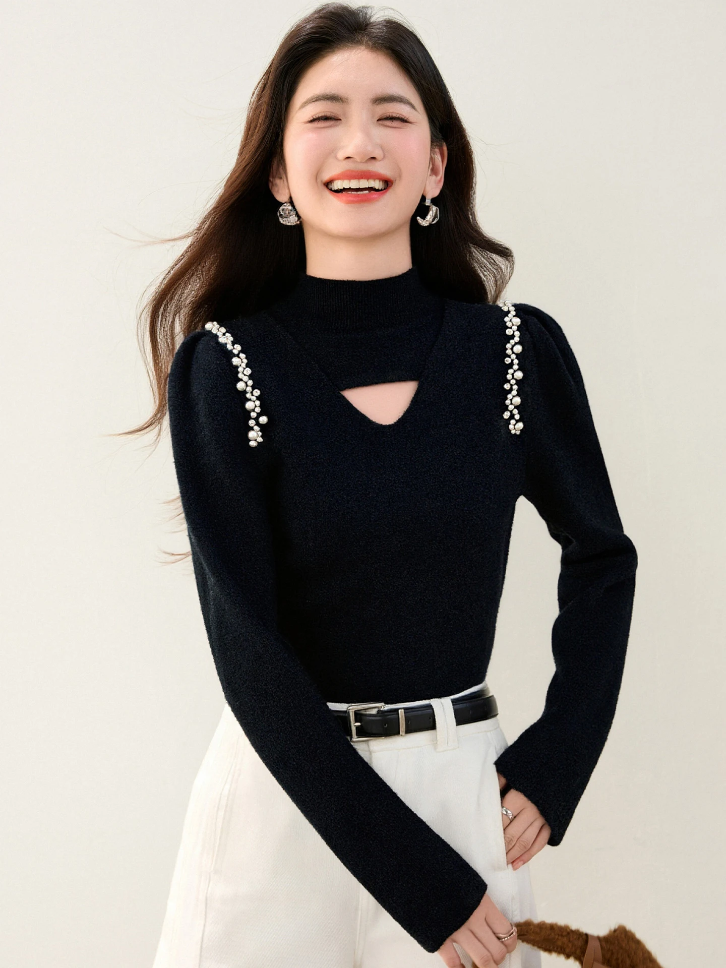 フレンチスタイルモックネックレッドニットプルオーバーセーターボトミングシャツ女性秋冬エレガントスリム中空ニットウェア9689