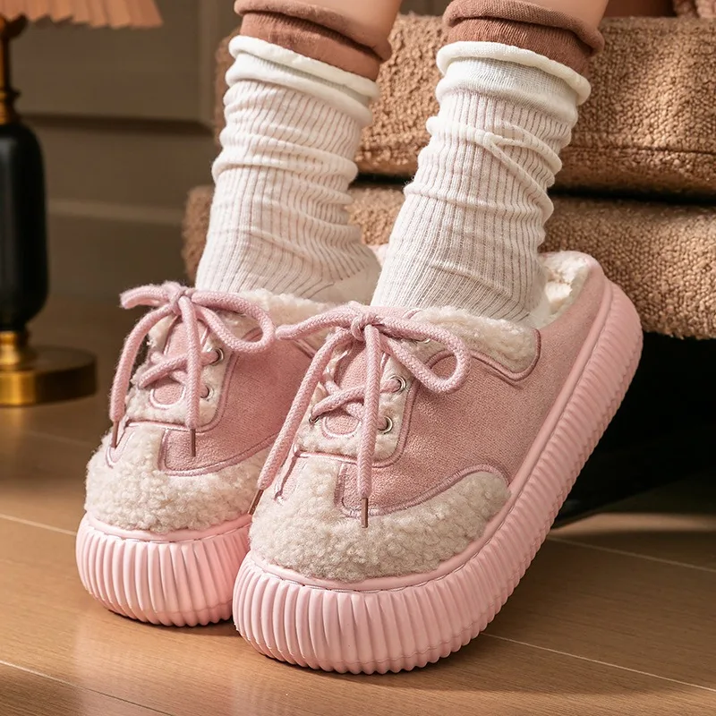 الشتاء المرأة نعال قماش سميكة الصوف الدافئة المنزل أحذية قطنية في الهواء الطلق سميكة سوليد الثلوج الأحذية منصة النعال داخلي #6